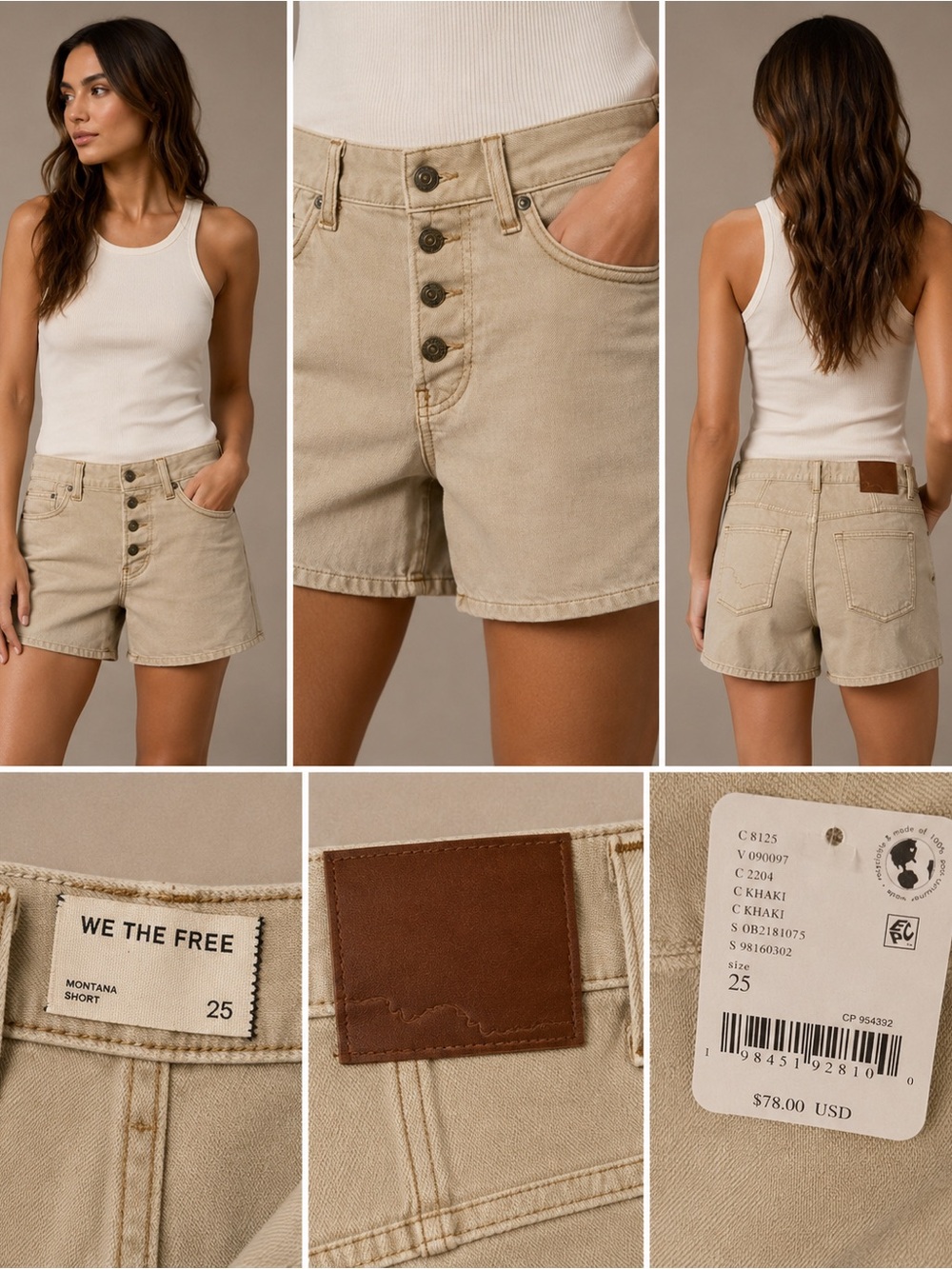 FREE PEOPLE- We The Free Montana High-Rise Button-Fly Khaki Shorts